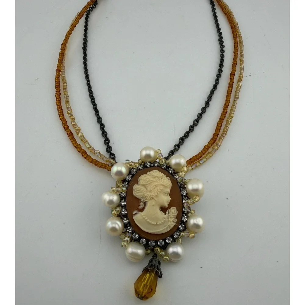 Cookie Lee Cameo Necklace Brown Excellent Multi-Strand Pearl Rhinestone Vintage